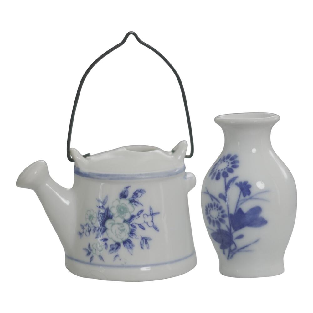 Blue White Porcelain Bud Vases Mini Watering Cans Chinoiserie Lot of 2